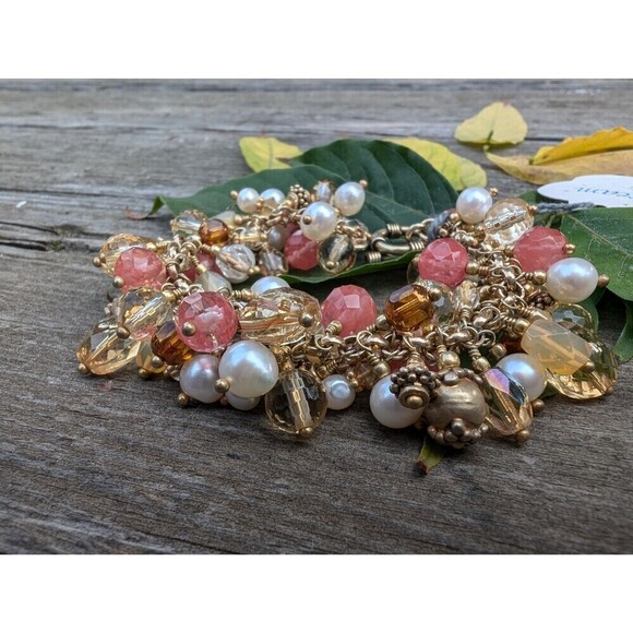 Vintage 22K Gold Vermeil Gemstone & Pearl Bracelet - Peach Chalcedony, Citrine - Picture 2 of 10